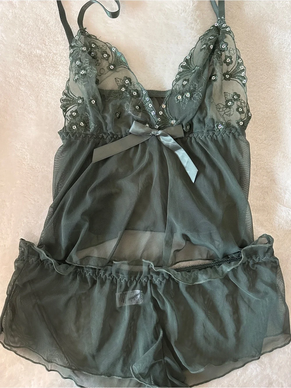 Sheer Lace Trim Babydoll Set in Dusty Green - Women Intimates